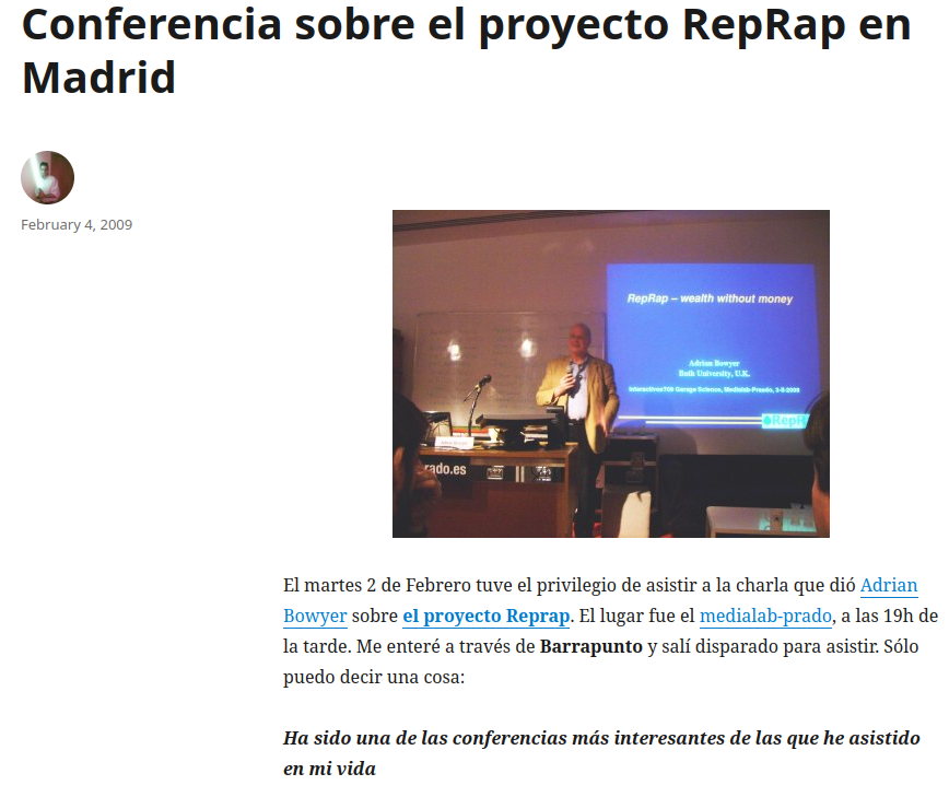 Pantallazo del post sobre la asistencia a la charla de adrian Bowyer